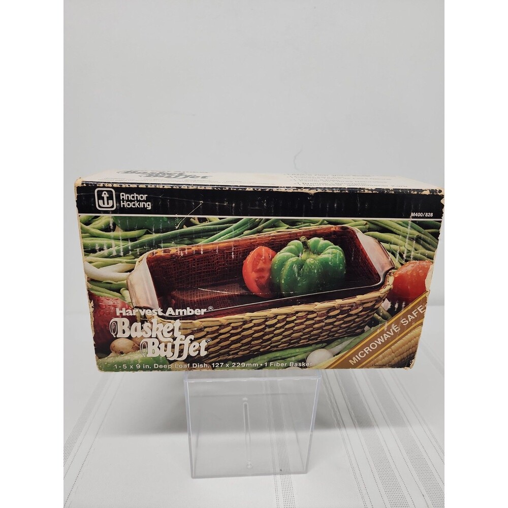 VTG AnchorHocking Harvest Amber Basket Buffet 1.5 Qt Loaf Pan Original Box 1970s